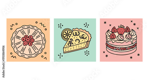 Set of 3 dessert icons vector, pie, cake, illustration