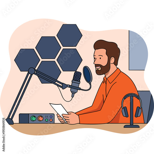 Man recording podcast in studio with microphone and headphones on desk