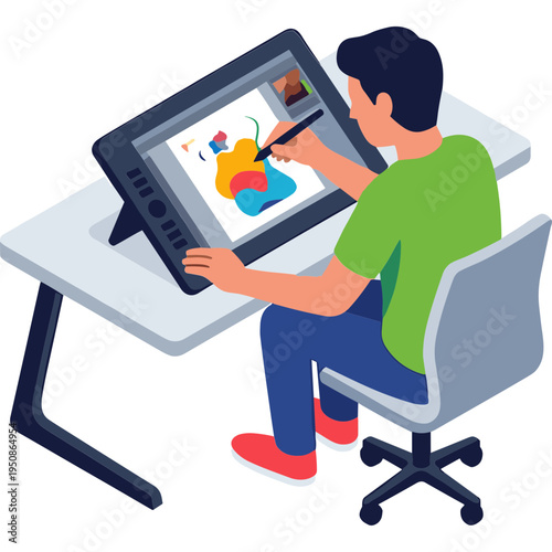 A man sitting at a desk uses a stylus on a graphics tablet.
