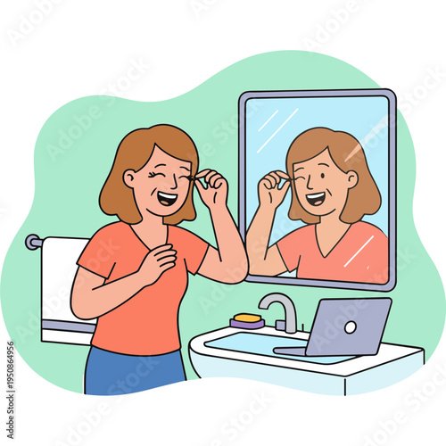 Woman putting on glasses in front of bathroom mirror and laptop