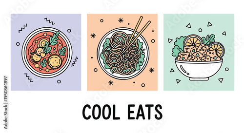 Set of 3 food icons vector, COOL EATS, colorful dishes