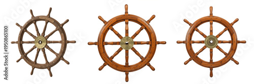 Wooden Ship Wheel Set, Vintage Nautical Helm Steering Collection, Antique Timber Maritime Navigation Symbols, Decorative Marine Boat Steering Wheels Isolated on White Background 3D