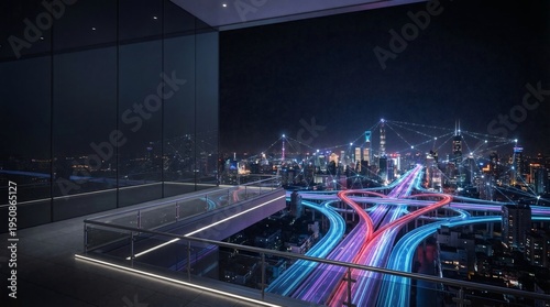 Futuristic smart city network at night with long exposure traffic lights