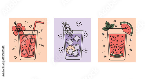 Set of 3 summer drinks vector illustrations
