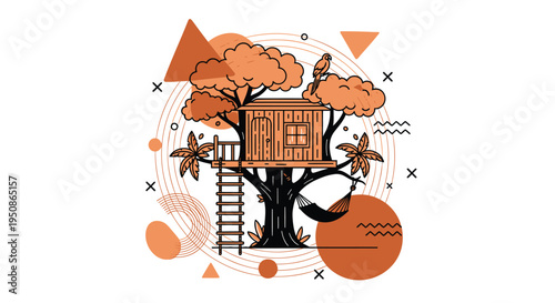 Vector treehouse icon with abstract orange shapes