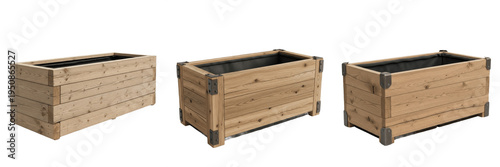 Wooden Raised Garden Bed Planter Box Set, Timber Outdoor Rectangular Flower Pot Collection, Rustic Backyard Herb Gardening Container Elements Isolated on White Background 3D Render