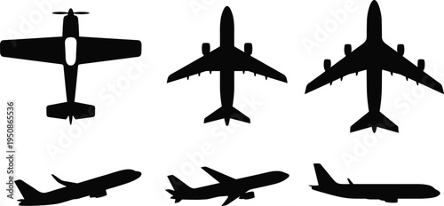 Airplane silhouettes set top view and side view aircraft passenger jet planes aviation transport vector illustration isolated icons