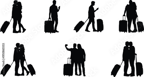Travel couple silhouette collection isolated on white background, man woman with luggage suitcases walking vacation tourism vector illustration