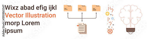 File sharing, creativity, workflow, innovation, problem-solving, brainstorming. Folders connected to documents, abstract brain and icons. File sharing and creativity concepts
