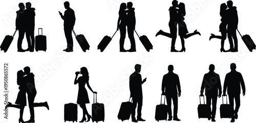 Travel couple and tourists silhouette collection isolated on white background, people with luggage suitcases airport vacation travel vector