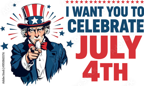 A patriotic illustration of Uncle Sam inviting you to celebrate Independence Day on July 4th