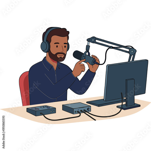 A man records a podcast in a studio with a microphone and computer