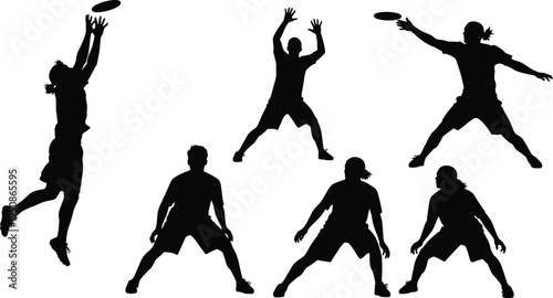Ultimate frisbee player silhouettes set showing jumping catching throwing and defensive positions isolated on white background dynamic sport illustration