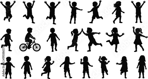 Children kids silhouette set playing jumping running cycling happy childhood activity boys girls black vector illustration collection isolated