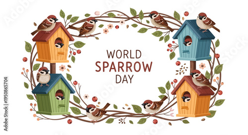 Illustration design for World Sparrow Day featuring colorful birdhouses and house sparrows in a leafy wreath on a white background.