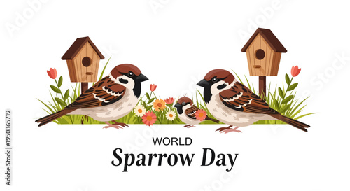 Illustration of house sparrows with birdhouses and flowers on World Sparrow Day, promoting urban bird conservation and protection.