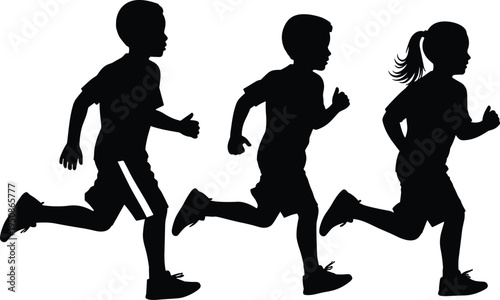 Children running silhouettes collection, boys and girl jogging in motion, kids outdoor sport activity illustration isolated