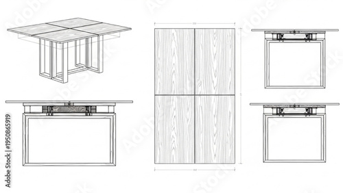 Modern Dining Table AutoCAD Blueprint with Section Views 3D Isolated on White Background
