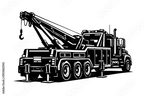 Rear three-quarter view of a heavy duty tow truck showing extended towing boom