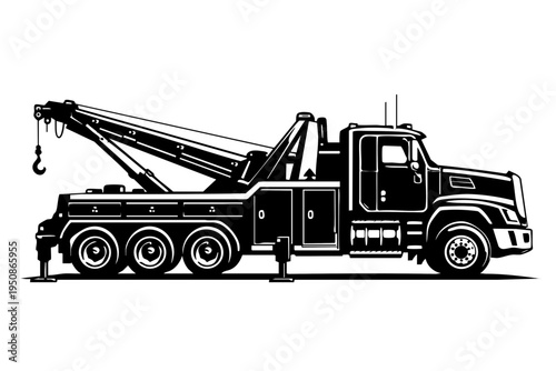 Side profile view of a heavy duty recovery tow truck showing reinforced rear boom