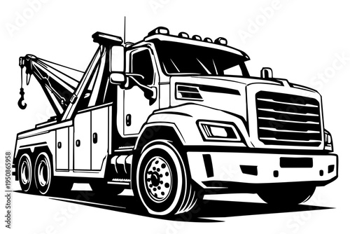 Solid black and white vector illustration of a generic heavy duty towing truck