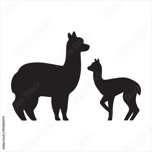 Vector alpaca icon. Mom and baby alpaca. Simple black silhouette illustration.