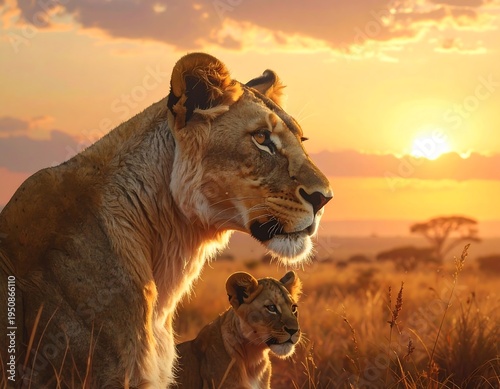 A lioness and her cub in savannah at sunset