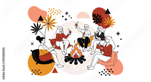 Vector illustration of people sitting around campfire with abstract shapes