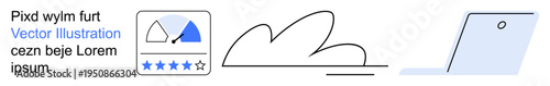 Data monitoring, cloud storage, technology interface, consumer feedback, analytics, user interaction. Minimalist design a graph, cloud shapes and a laptop outline. Cloud storage and data monitoring