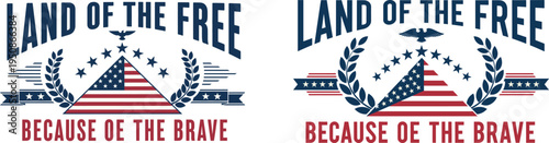 A patriotic graphic design featuring American flags and laurel wreaths on a white background