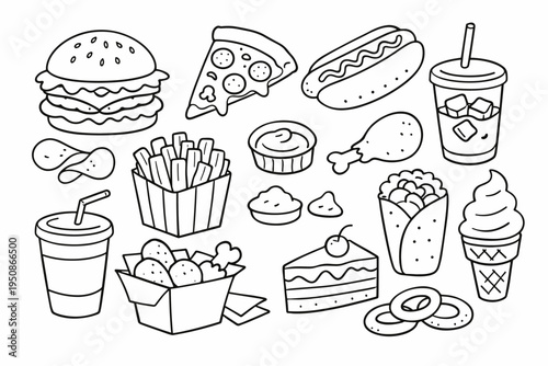 Hand Drawn Fast Food Doodle Set with Burger Pizza Hot Dog Soda French Fries Chicken Nuggets Burrito Cake Ice Cream and Onion Rings Outline Vector Illustration for Menu Design and Coloring Pages.