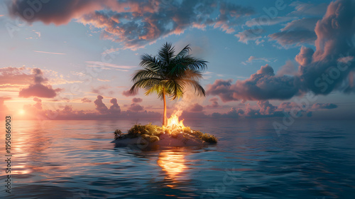 A Tiny Island with one palm tree and glowing campfire