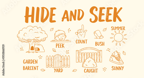 Set of 20 hide and seek icons vector, summer garden illustrations
