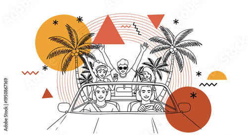 Set of summer vacation vector illustration with people in car