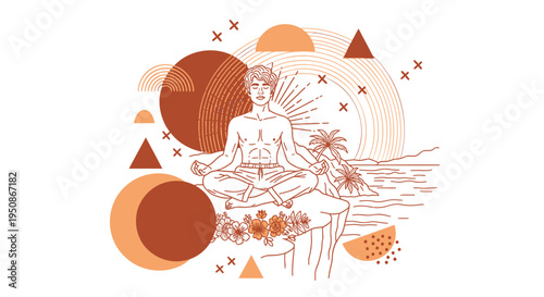 Vector illustration of a meditating person with abstract shapes and flowers