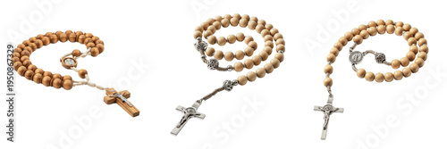 Canvastavla Set of Three Traditional Wooden Rosary Beads with Silver Crucifixes Isolated on