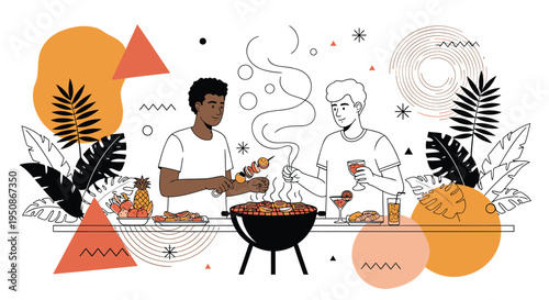 Vector illustration of two people having a barbecue party with food and drinks