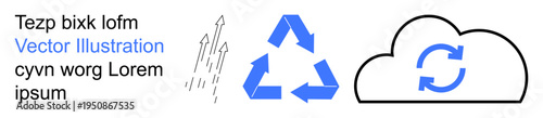 Environmental sustainability, cloud computing, digital synchronization, data sharing, ecosystem protection, waste management. Blue recycling symbol and cloud with sync arrows. Recycling and cloud