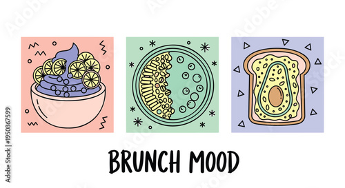 Set of 3 brunch food icons vector, colorful breakfast illustrations