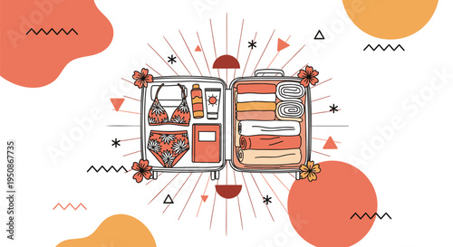 Vector illustration of open suitcase with travel accessories