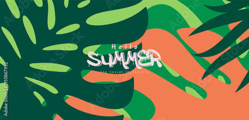 Vibrant Tropical Summer Poster with Abstract Green and Orange Leaves and Bold Seasonal Text for Lifestyle and Promotional Campaigns