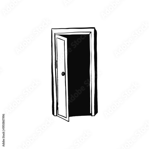 Black and white retro vintage illustration of open door hand drawn style art vector