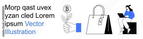 Financial technology, e-commerce platforms, digital currencies, online shopping, investment strategies, cashless economy. A hand holds a crypto coin plant and a shopping bag sits next to a seated