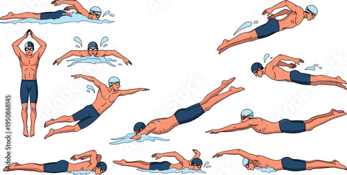 Male swimmer performing freestyle strokes set professional swimming athlete training poses sport competition vector