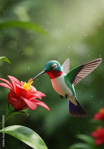 Hummingbird feeding on a red flower in a lush green environment animal background animal poster background for poster