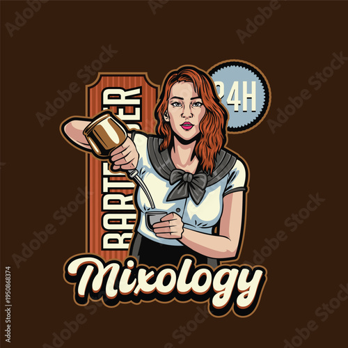 Retro detailed illustration of a female bartender pouring a drink for mixology and craft cocktail service