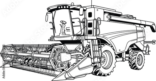 Detailed Line Drawing of a Modern Combine Harvester Machine.