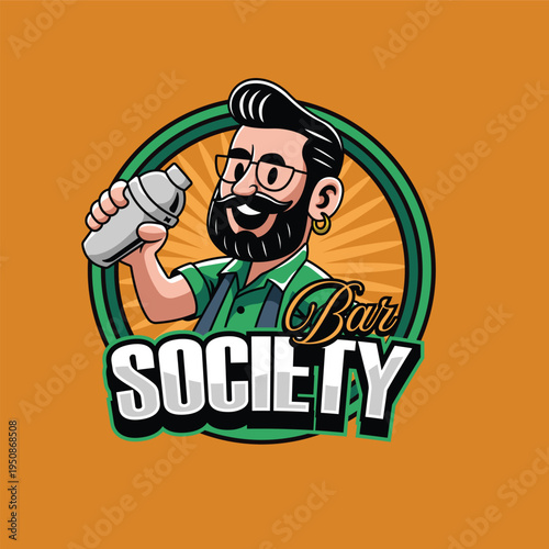 Vintage detailed mascot of a bearded bartender wearing glasses and holding a cocktail shaker for Bar Society
