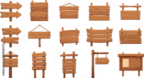 Rustic wooden signboards set with arrow direction boards hanging planks and blank wood notice signs vector collection