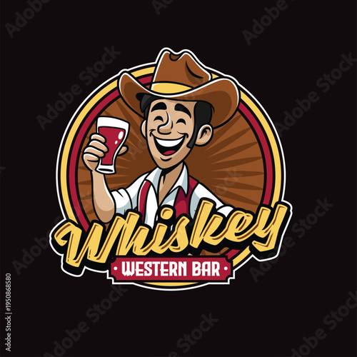 Retro detailed mascot of a cowboy bartender holding a glass of whiskey for a classic Western Bar